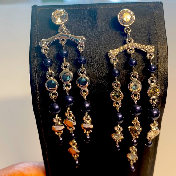 Jewelry - Vintage Retro Silvertone Long Tassel Drop Dangle Earrings with Pearls & Stones